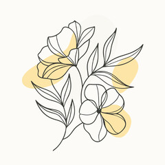 a delicate vector line art illustration of a floral arrangement featuring blooming flowers and leaves