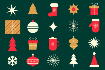Holiday Christmas icons. Set of geometric abstract elements for design. Modern symbols for greeting cards, banners, posters. Vector illustration.
