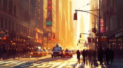 Golden Hour City Street - Warm sunlight bathes a bustling city street, showcasing urban life, energy, and a vibrant atmosphere.  Represents urban energy, golden hour beauty, city life, transportation,