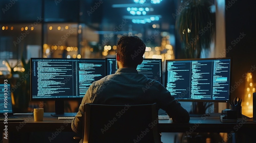Poster innovative software engineer developing algorithm in modern office