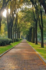 Fototapeta premium A beautiful walkway in a park lined with refreshing trees along the way