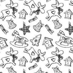 Line art Christmas and New Year pattern with toys. Wrapped  Christmas paper