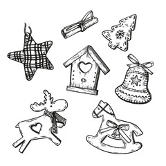 Christmas toys line art set. Black and white illustration for vintage Christmas cards, posters, decor