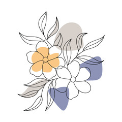 a delicate vector line art illustration of a floral arrangement featuring blooming flowers and leaves