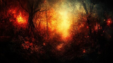 Fiery forest path at night with glowing embers.