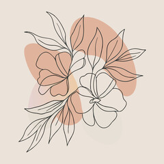 a delicate vector line art illustration of a floral arrangement featuring blooming flowers and leaves