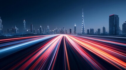 Fototapeta premium Dynamic city skyline with light trails at night