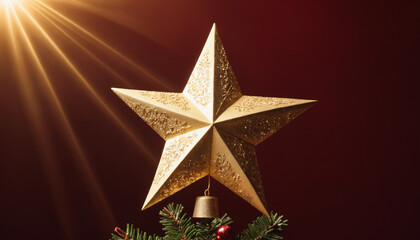 A shining golden star tree topper glowing softly, positioned on the right, surrounded by faint glowing light trails against a deep red background