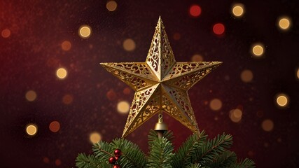 A shining golden star tree topper glowing softly, positioned on the right, surrounded by faint glowing light trails against a deep red background