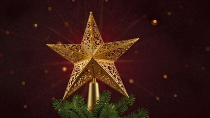 A shining golden star tree topper glowing softly, positioned on the right, surrounded by faint glowing light trails against a deep red background