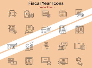Icons illustrating fiscal year and budgeting themes in vector style