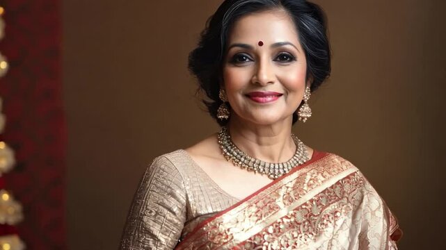 Elegant indian woman in traditional saree posing gracefully in a studio setting during an evening event
