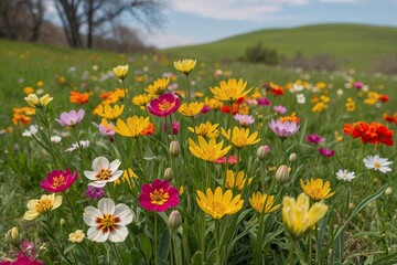 Fototapeta premium Vibrant Wildflowers Blooming in a Spring Meadow Landscape