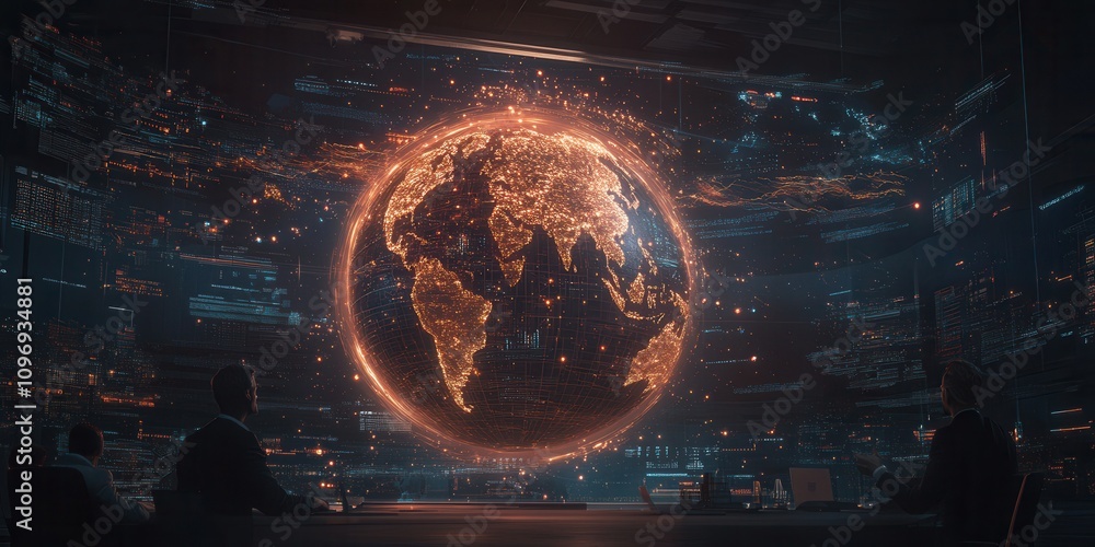 Aufkleber a futuristic display shows a glowing, digital earth surrounded by data panels, emphasizing technolog