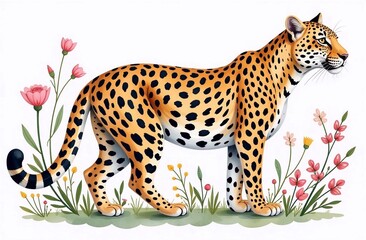 Fototapeta premium Leopard on a white background in watercolor technique with floral decoration