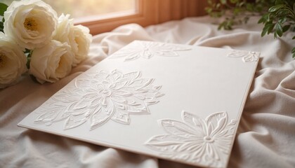 An embossed floral card made from textured cardstock on soft fabric with roses by a sunny window, perfect for elegant occasions