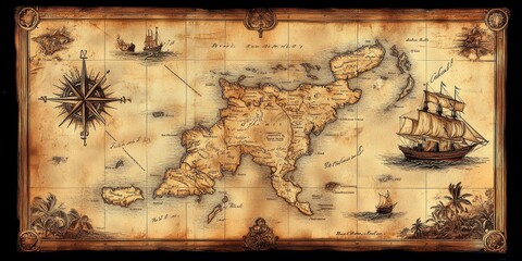Ancient Treasure Map Illustrating Islands Ships And Compass
