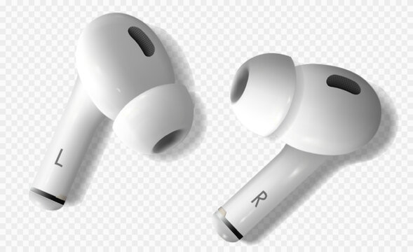 White realistic wireless earphones. Left and right bluetooth airpods ilying on the semi transparent background dropping shadows. 3d vector illustration