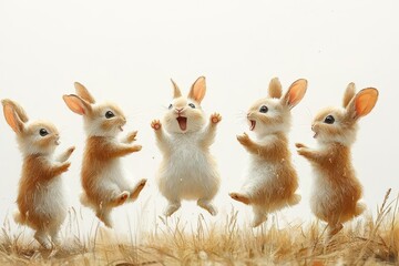 a whimsical illustration captures a group of rabbits standing on their hind legs, playfully interacting against a white background, creating a lighthearted and charming scene