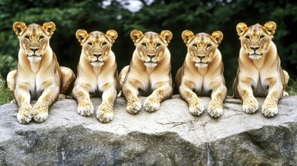 Five lionesses sitting side-by-side on a rock.