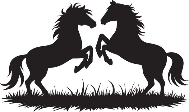 black horses rearing silhouette on grass clip art preview