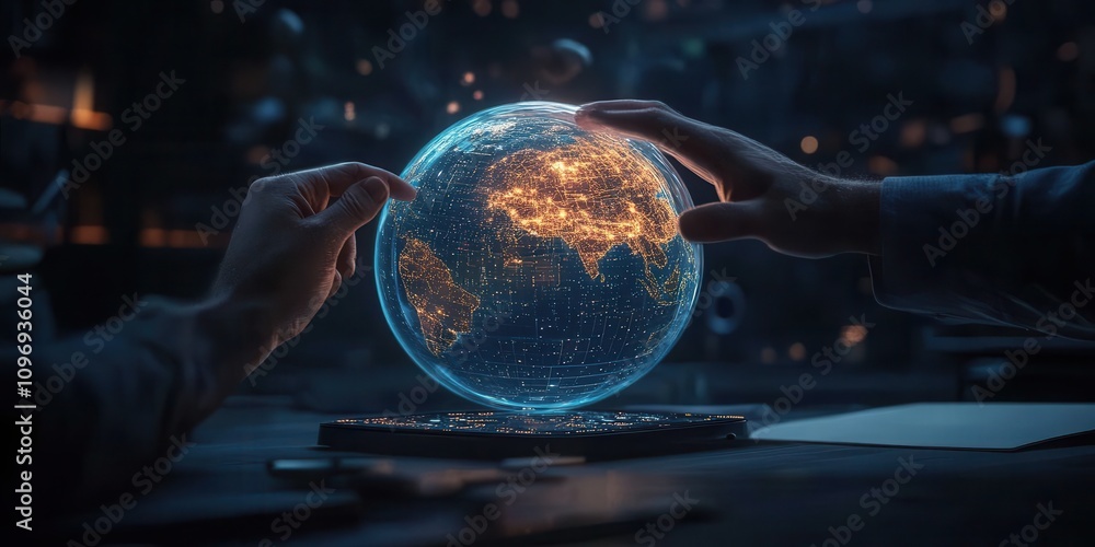 Poster a glowing globe is held by hands, symbolizing exploration and connection to the world, amidst a dark