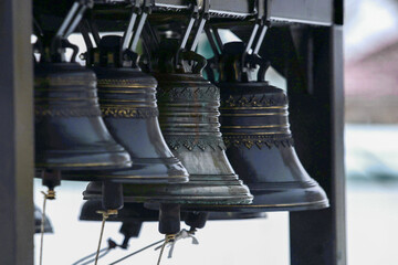 Ancient church tower big bell close up