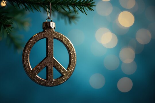 Christmas tree decor featuring a peace symbol bauble