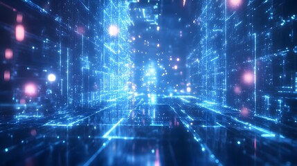 Fototapeta premium Abstract digital city with blue and pink glowing lights.