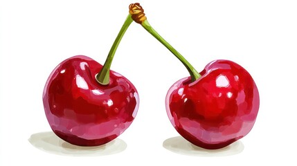Two ripe red cherries with green stems on a white background.