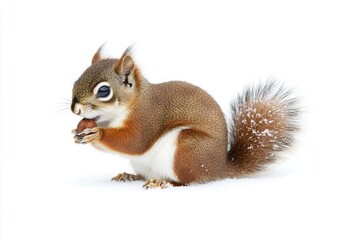 Red Squirrel Eating Nut in Snow, Cute Winter Wildlife Photography. AI generated illustration