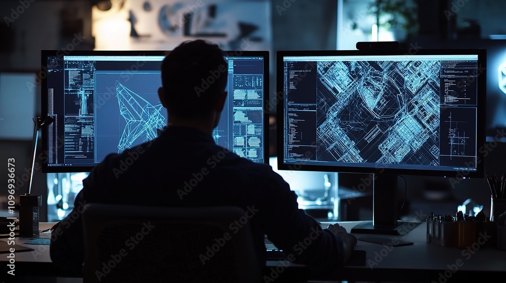 Poster engineer engrossed in cad design session with multiple monitors