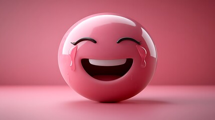 Fototapeta premium Pink emoticon laughing with tears of joy on pink background.