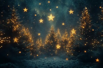 Glowing Stars in the Night Sky Over a Winter Forest with Golden Lights. AI generated illustration