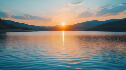 Obraz premium Serene sunset over calm lake and mountains.