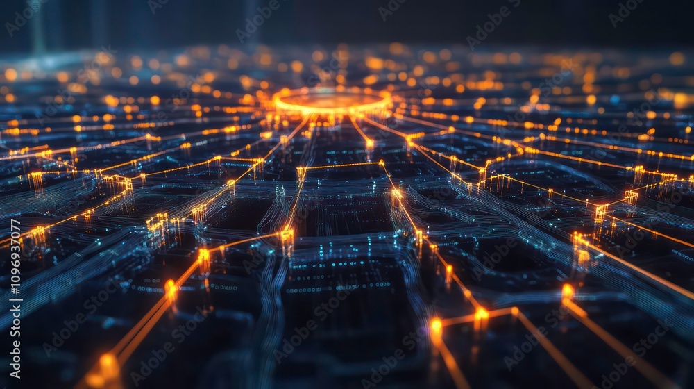Poster abstract digital network with glowing lines and nodes, representing data flow, connection, technolog