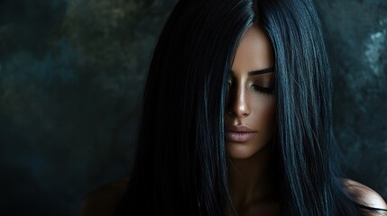 Fototapeta premium Beautiful Woman with Long Straight Black Hair Against Dark Background