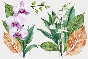 Fototapeta premium Elegant Watercolor Floral Arrangement with Orchids and Lily of the Valley Featuring Subtle Emerald Leaves for Chic Invitations and Art Prints
