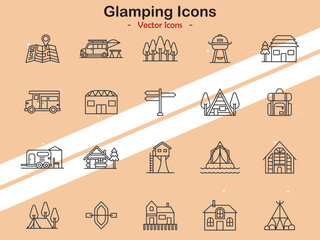 Icons representing glamping and outdoor luxury themes in vector style