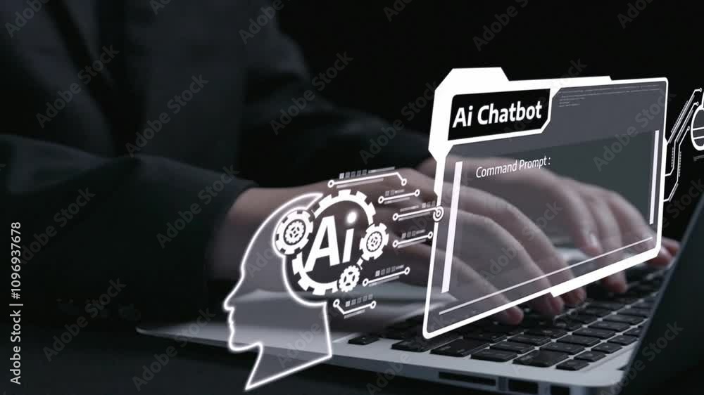 Poster human interact with ai artificial intelligence virtual assistant chatbot in concept of ai artificial