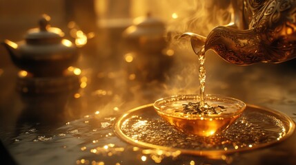 Golden Tea Pouring in Soft Morning Light