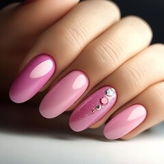 Elegant Pink Manicure with Glamorous Nail Art and Shiny Finish