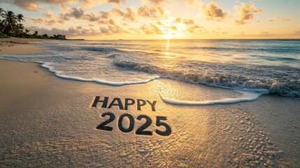 Happy 2025 A Serene Beach Sunrise with Waves Gently Caressing the Sand