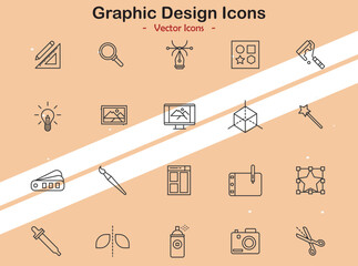 Icons representing graphic design tools  software  and elements for creative projects.