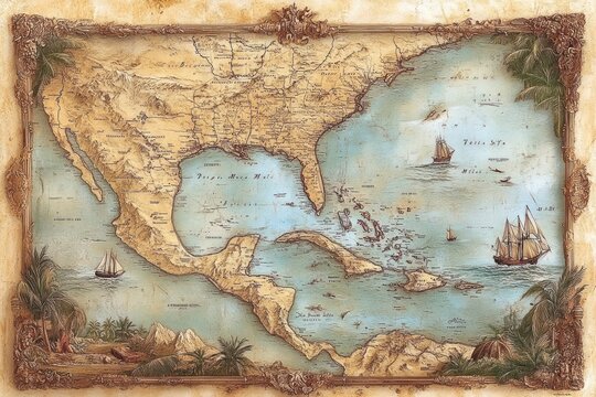 Antique Map Depicting The Gulf Of Mexico And Surrounding Areas