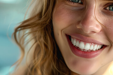 Woman with a big smile on her face. She has a lot of teeth and her smile is very bright
