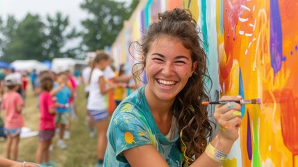 Happy young woman painting vibrant mural with children.