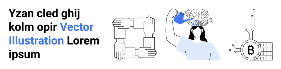 Text, hands in unity, person watering flowers sprouting from head, Bitcoin symbol connected to circuit board. Ideal for teamwork, creativity, finance, technology, growth, collaboration, innovation