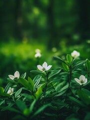 Delicate white flowers bloom amidst lush green foliage in the forest
