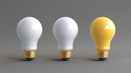 Three Light Bulbs: Two White, One Yellow,  Idea and Innovation Concept
